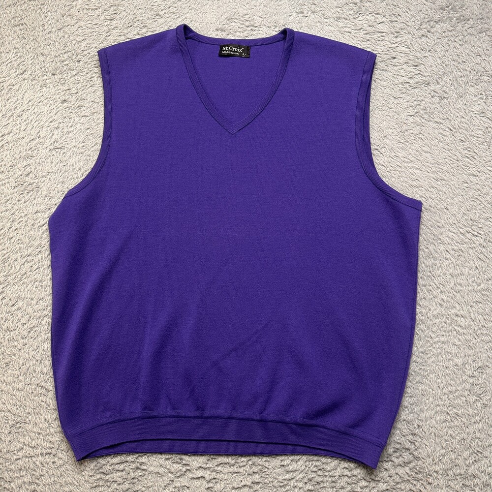 St Croix Sweater Vest Mens L Purple 100% Wool Solid USA Made V-Neck